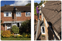 befor1 Gutter cleaning technician flushing downpipes for full water flow check